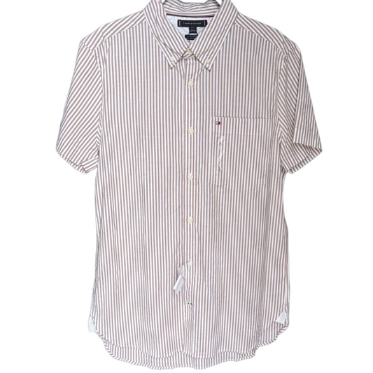 Tommy Hilfiger 1985 flex oxford stripe rf shirt in desert khaki / optic white