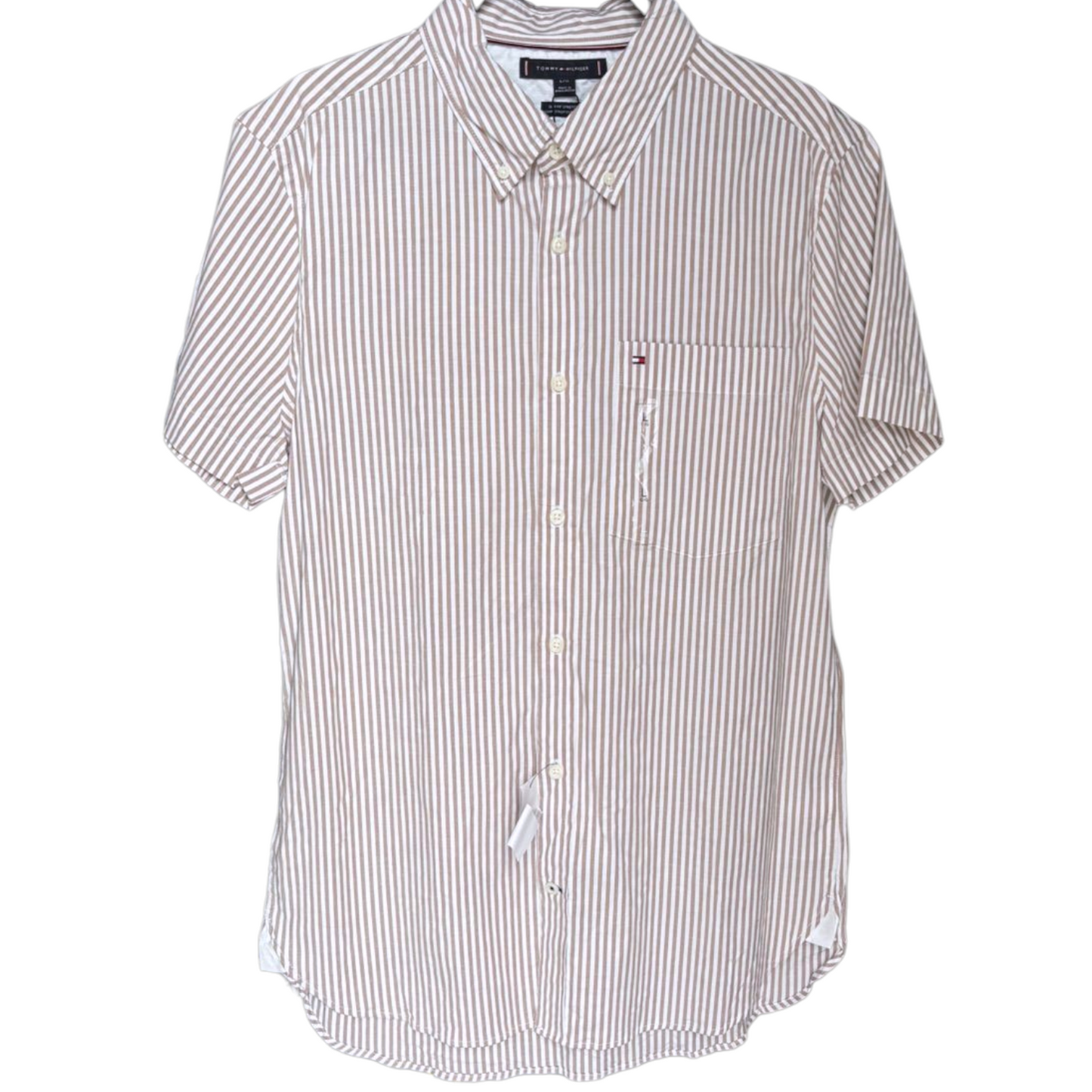 Tommy Hilfiger 1985 flex oxford stripe rf shirt in desert khaki / optic white