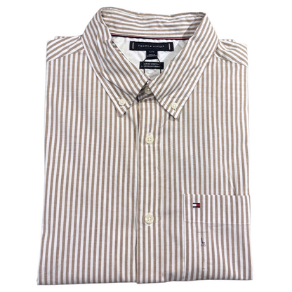 Tommy Hilfiger 1985 flex oxford stripe rf shirt in desert khaki / optic white