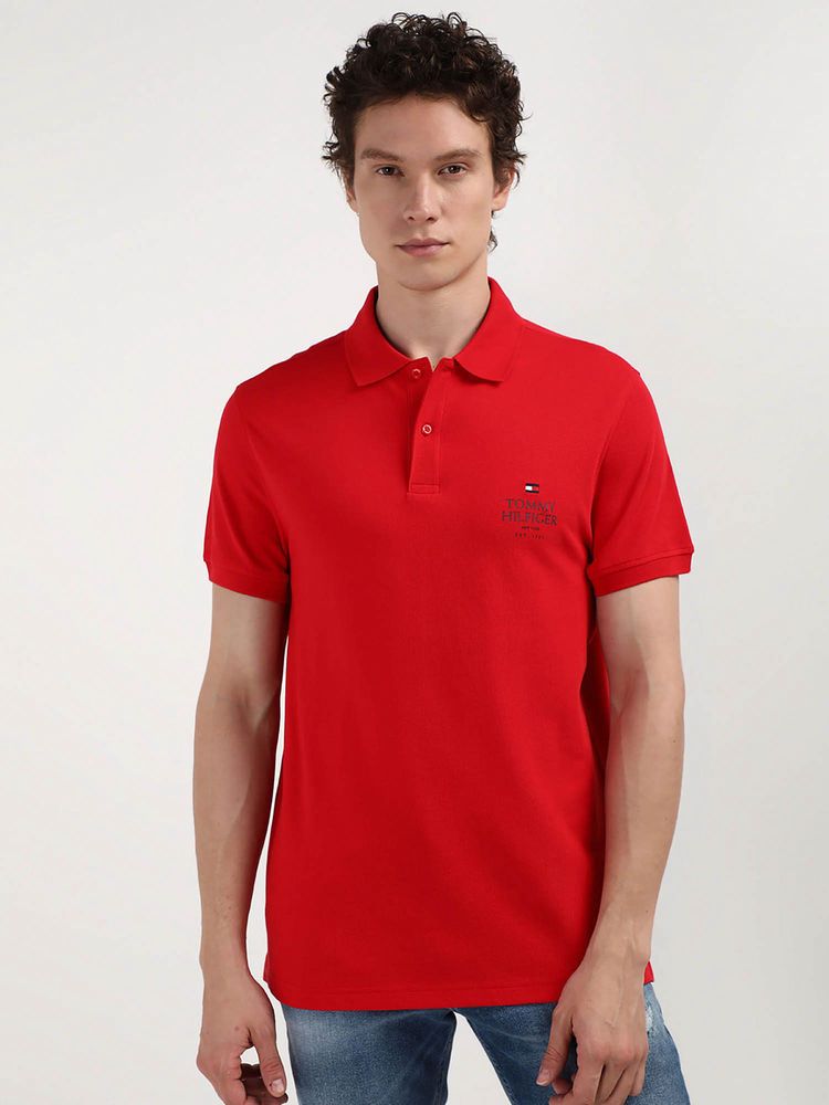Tommy Hilfiger Red Collar Neck Solid Polo T-Shirt