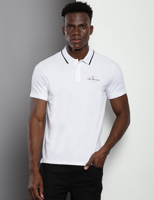 Calvin Klein Men White Cotton Solid Regular Fit Polo T-Shirt