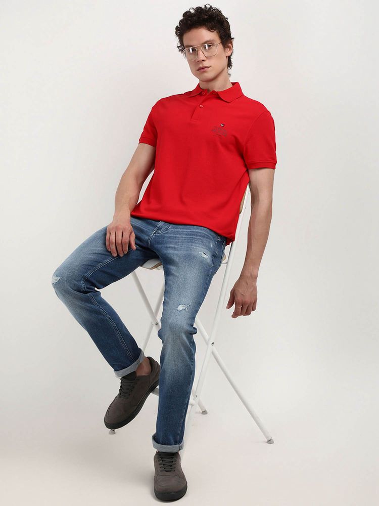 Tommy Hilfiger Red Collar Neck Solid Polo T-Shirt