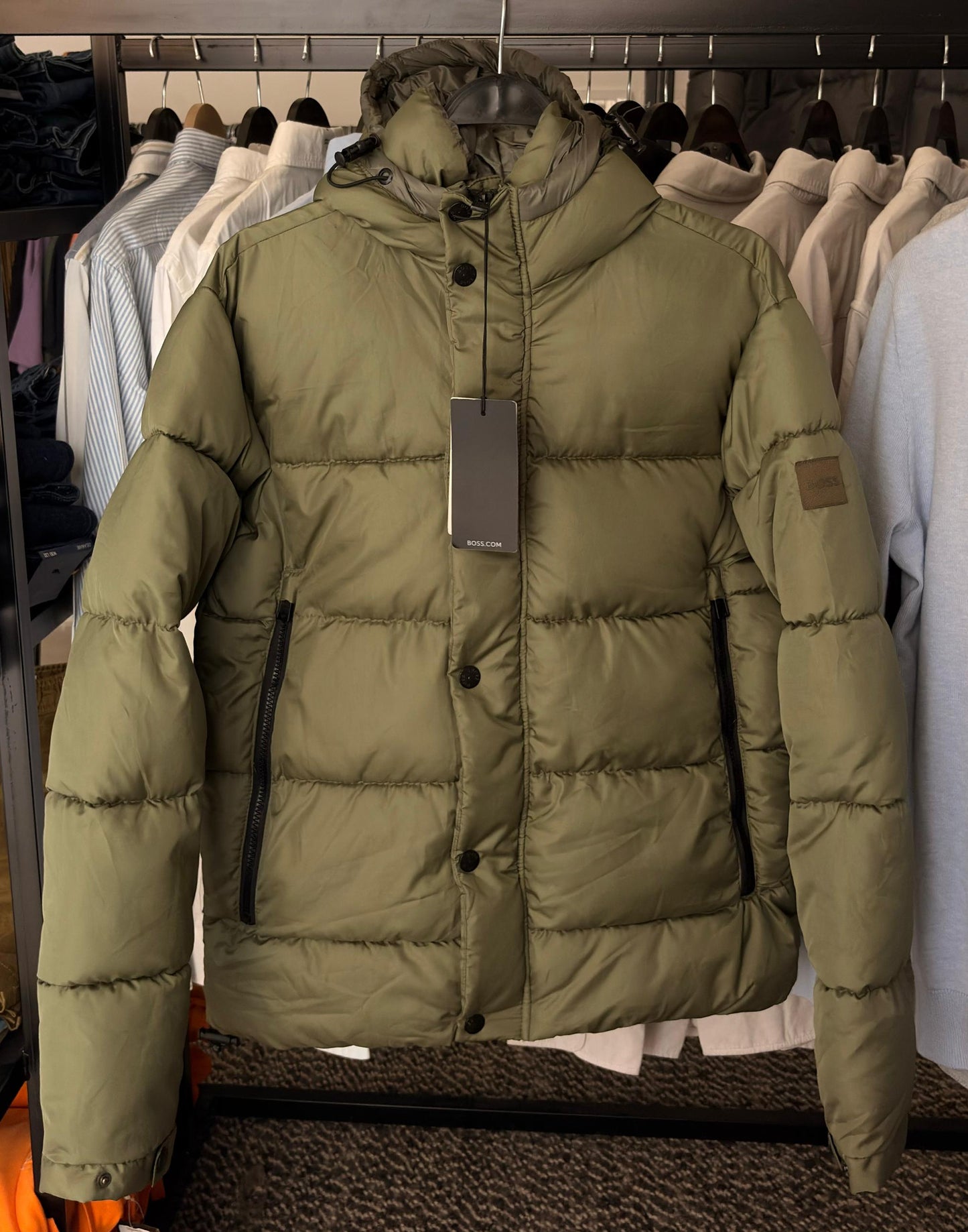 BOSS Water Repellent Hooded Puffer Jacket Men's Logo Patch